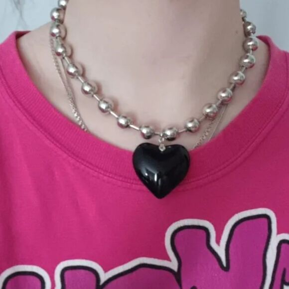 💲6️⃣ Bundled ✔️Gothic Style Large Silver Beaded Black Heart Pendant Necklace - Picture 3 of 8